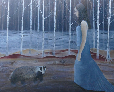 Sara meets a badger 100 x 120 cm